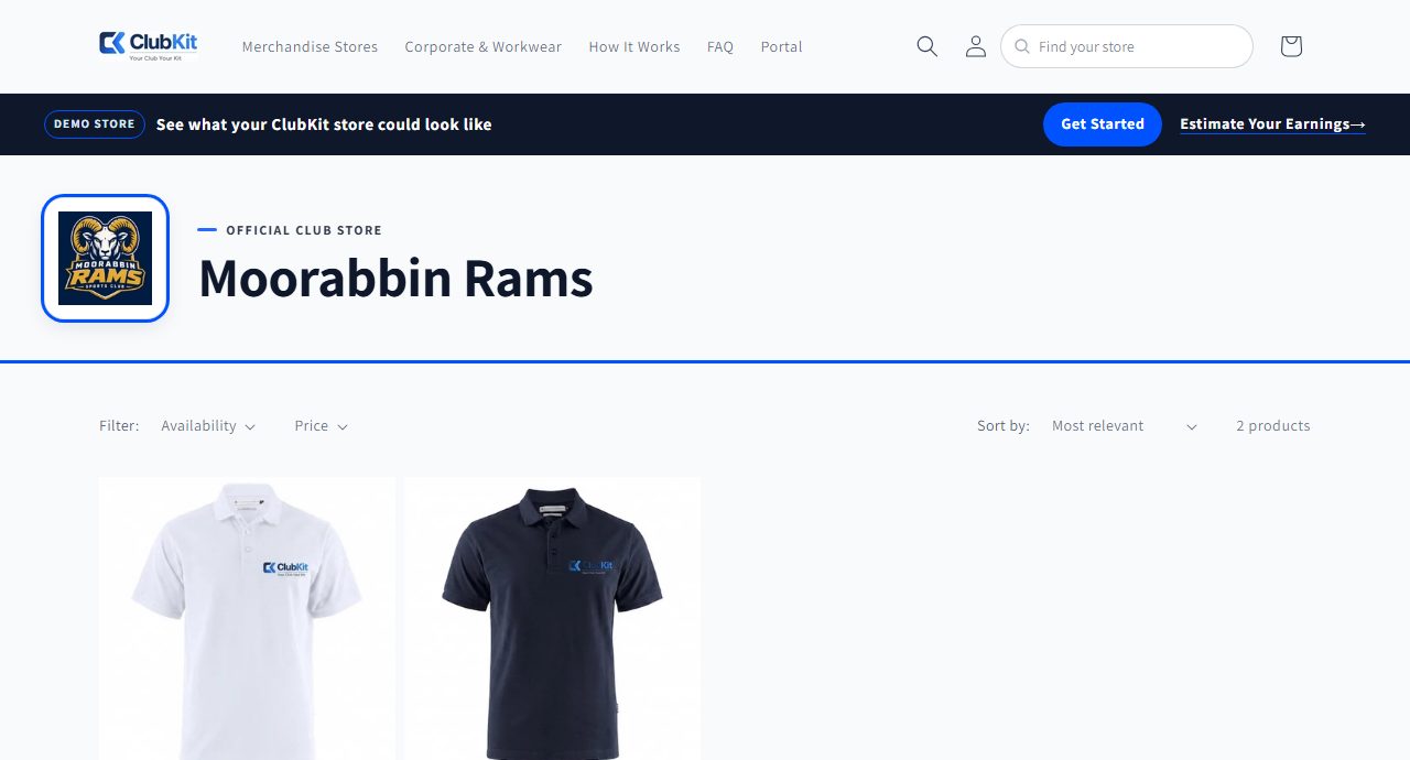 Screenshot of the Moorabbin Rams example merchandise store